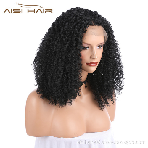 Aisi Hair Medium Long Natural Black Wig Afro Kinky Curly Lace Front Wig Party Front Lace Synthetic Hair Wigs For Black Women